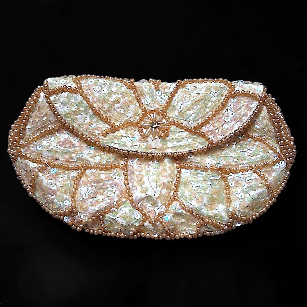 Vintage 1950s Japan Cocktail Beaded Sequin Evening Clutch Iridescent Pearl